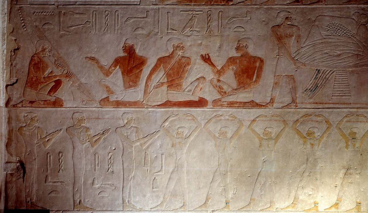 Ancient Egypt: limestone relief representing musicians from the Chapel of Mastaba in Akhethetep, around 2300 BC. 5th dynasty. Old empire. From Saqqara (Sakkara). Paris, Louvre Museum by School Egyptian
