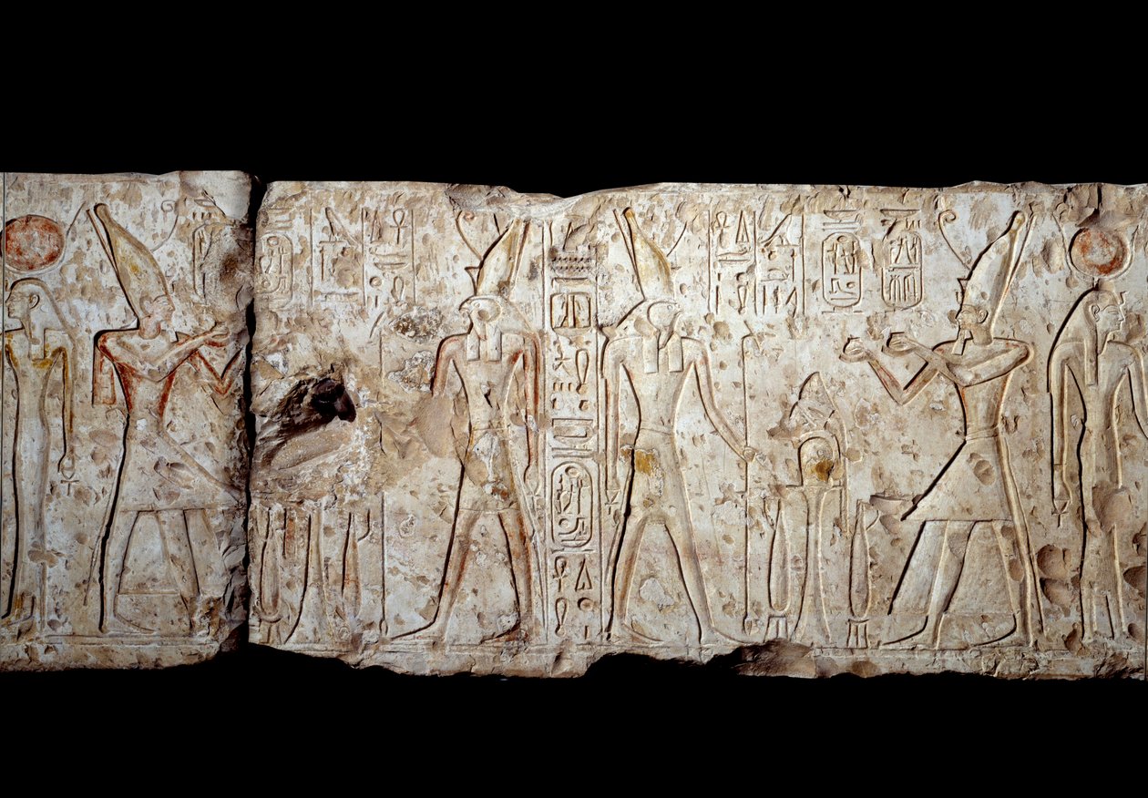 Ancient Egyptian Art: Ramses II makes offerings to Osiris. Low relief in limestone from Abydos (1279-1213 BC) 19th Dynasty. New Empire. Paris, Musee Du Louvre by School Egyptian