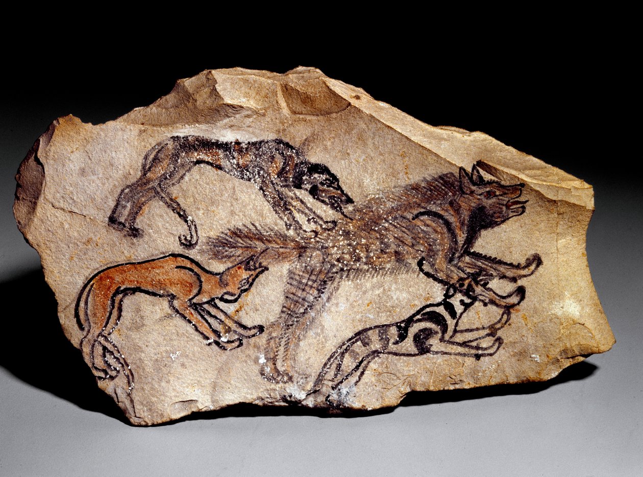 Dogs Hunting Hyena (Stone Engraving, c.1300-1100 BC) by School Egyptian