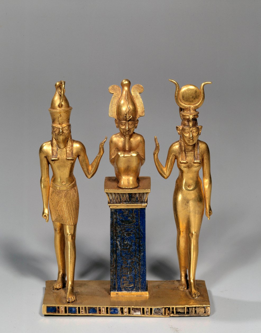 Egyptian antiquity: Osirian triad in the name of Osorkon. Gold pendant and lapis lazuli by School Egyptian