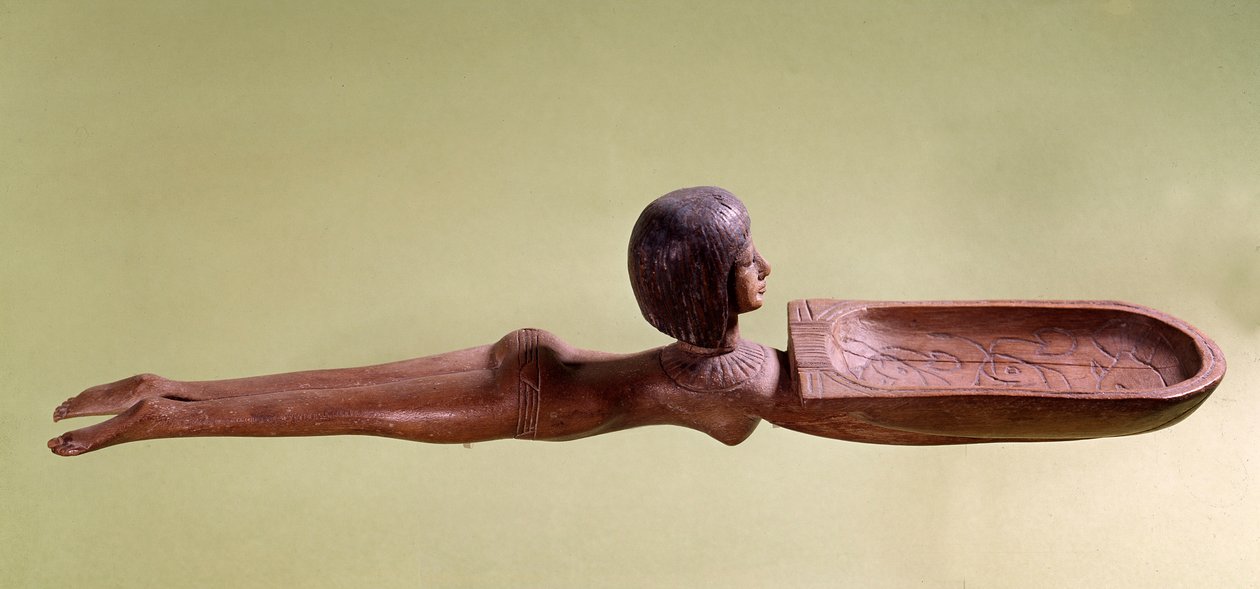 Wooden Cosmetic Spoon Called a Naked Swimmer Holding a Duck, 18th Dynasty, New Empire, Paris, Louvre Museum by School Egyptian