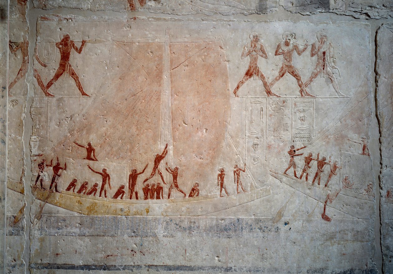 Egyptian antiquities: a sailboat. Limestone relief from the Chapel of Mastaba of Akhethetep in Saqqara. 5th dynasty (around 2500-2350 BC) 2300 BC. Paris, Louvre Museum by School Egyptian