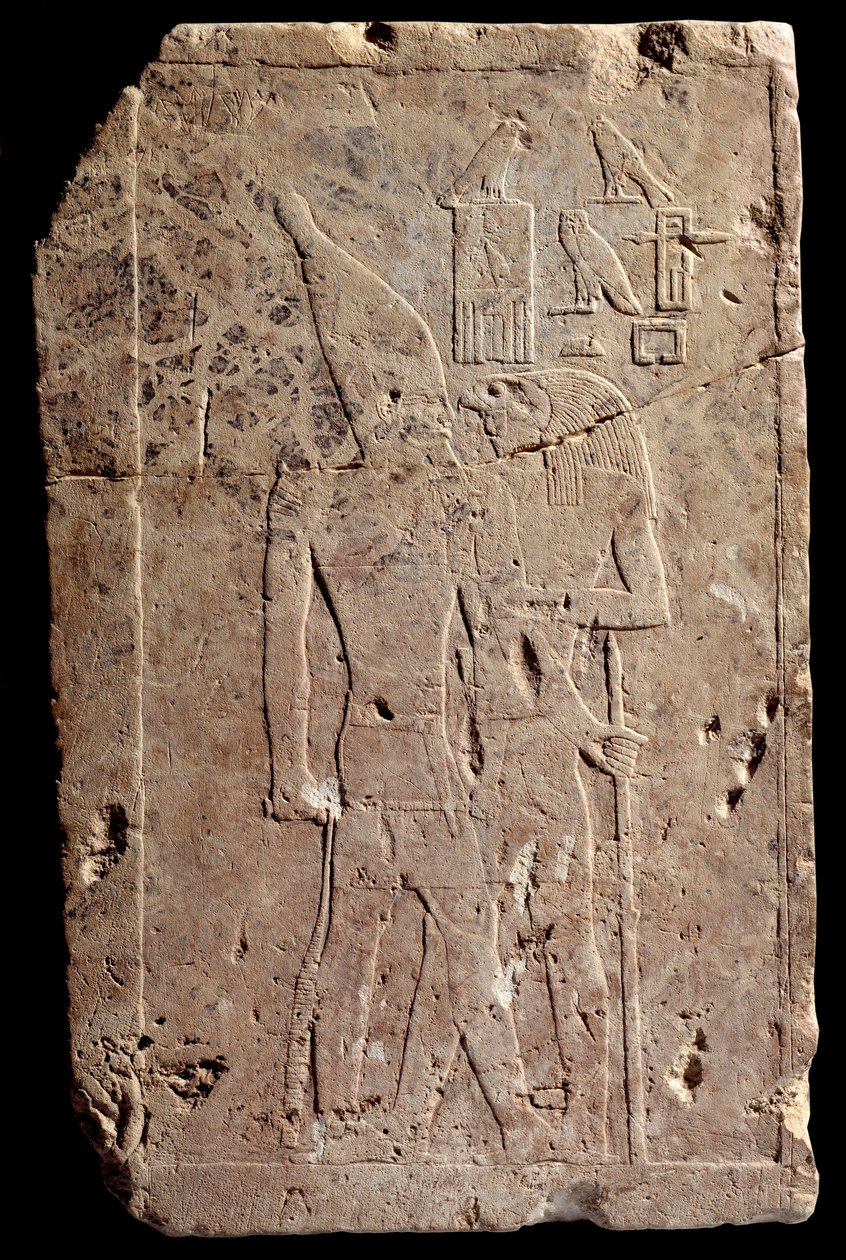 Egyptian antiquity: limestone relief depicting King Qahedjet embraced by the god Horus by School Egyptian