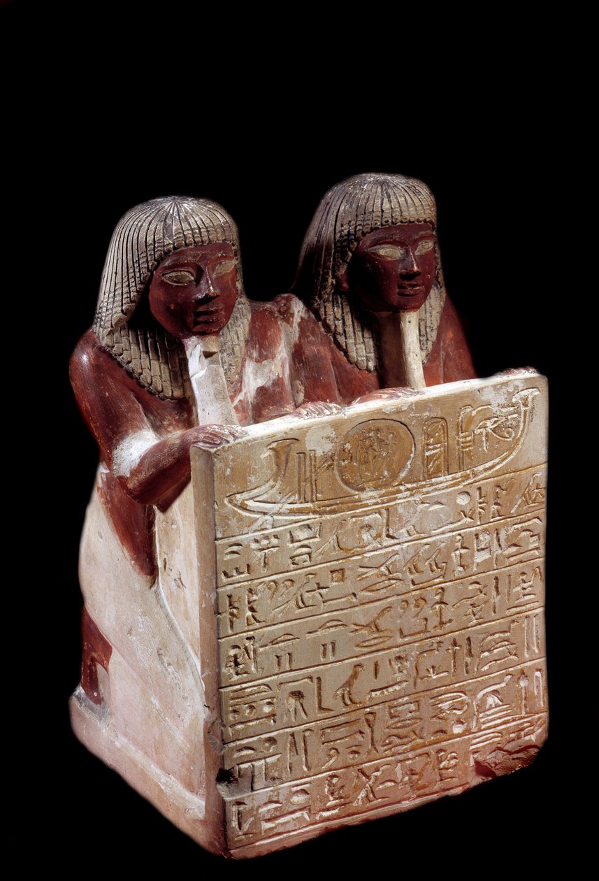 Egyptian antiquity: limestone statue that acts as stele in the name of Didi and his son Padoua. New Empire. From Deir el Medineh. Paris, Musee du Louvre by School Egyptian