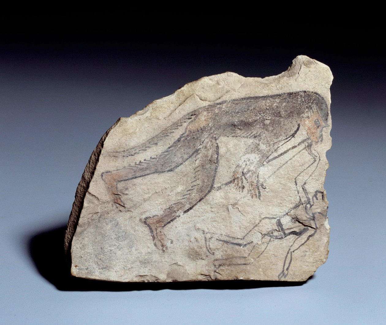 Egyptian antiquity: ostrakon figure: monkey playing double flute to make a man dance by School Egyptian