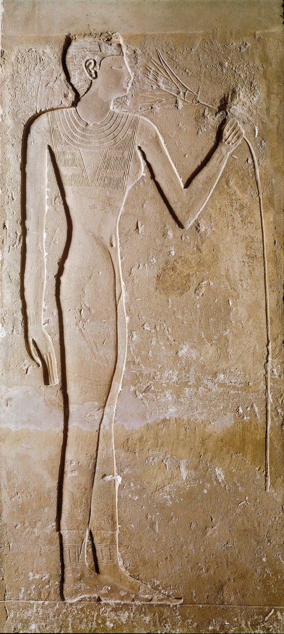Egyptian antiquity: young woman with lotus flower. Limestone. 5th dynasty, 2300 BC. Paris, Louvre Museum by School Egyptian