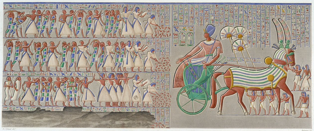 Thebes, Medynet-Abu: coloured bas-relief, carved in the south gallery of the peristyle of the palace - in Egyptian Antiquities, T.II by School Egyptian