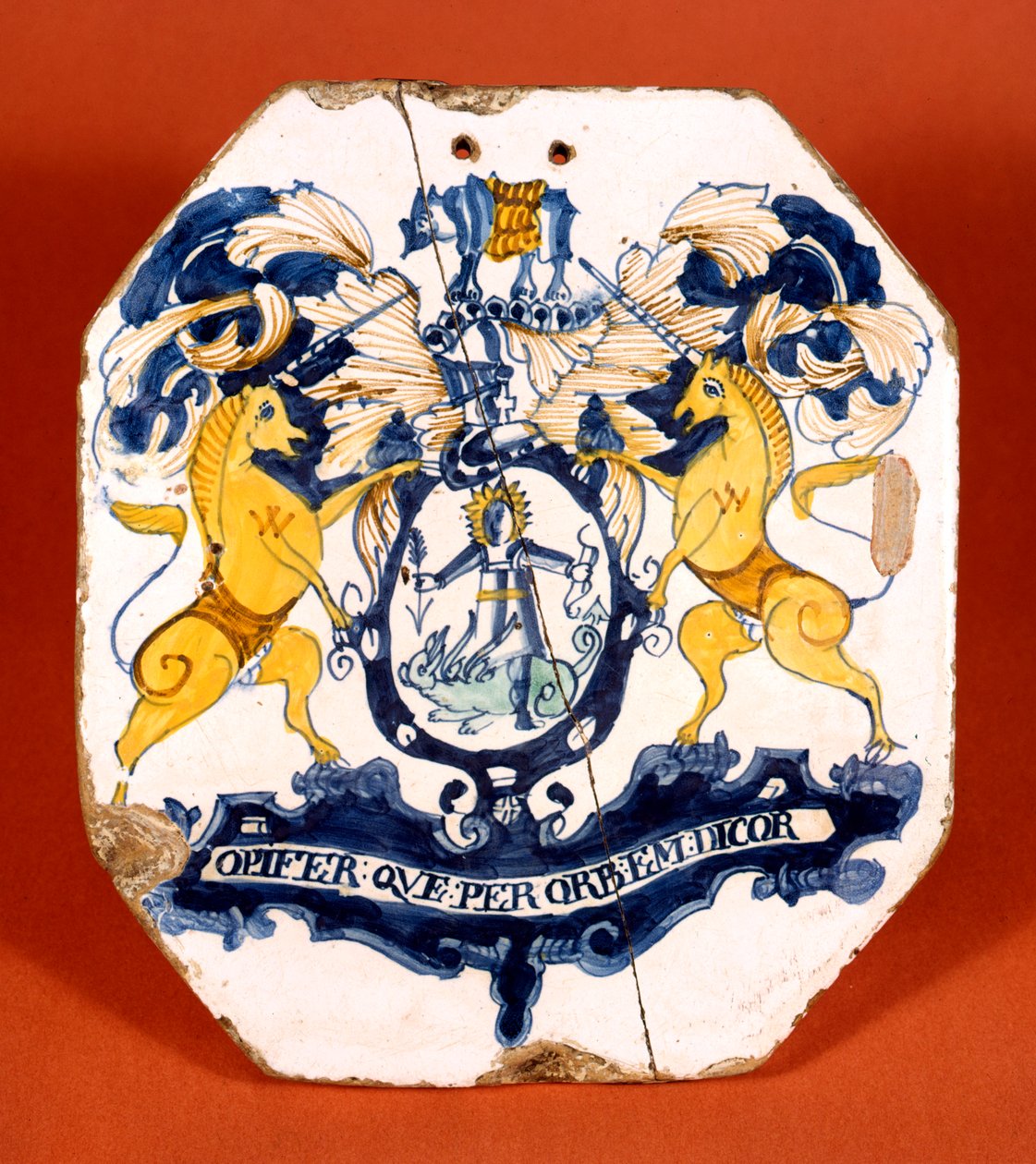Apothecary tile displaying the coat of arms and motto of the Worshipful Society of Apothecaries of London by School English