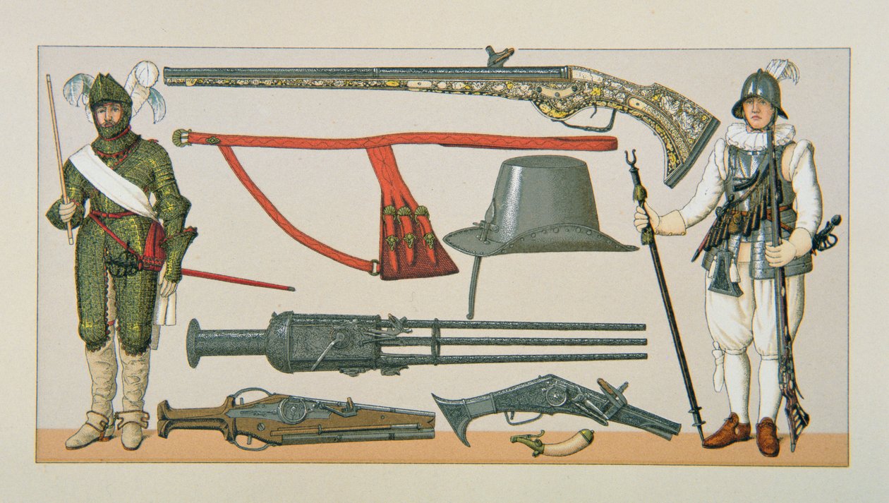 French soldiers and firearms of the 17th century by School English
