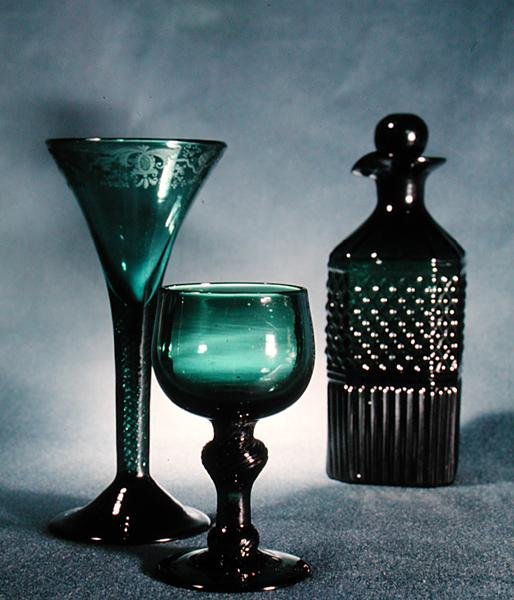 L to R: Decorated wine glass, round glass and decanter, late 18th-early 19th century by School English