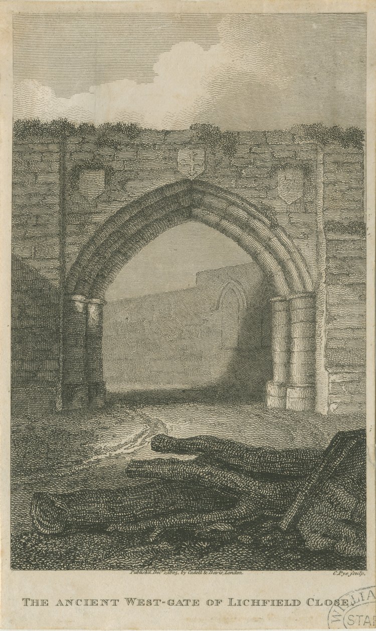 Lichfield - Ancient West Gate of The Close: engraving by School English