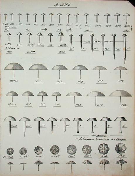 Nails, tacks and pins, from a trade catalogue of domestic goods and fittings by School English