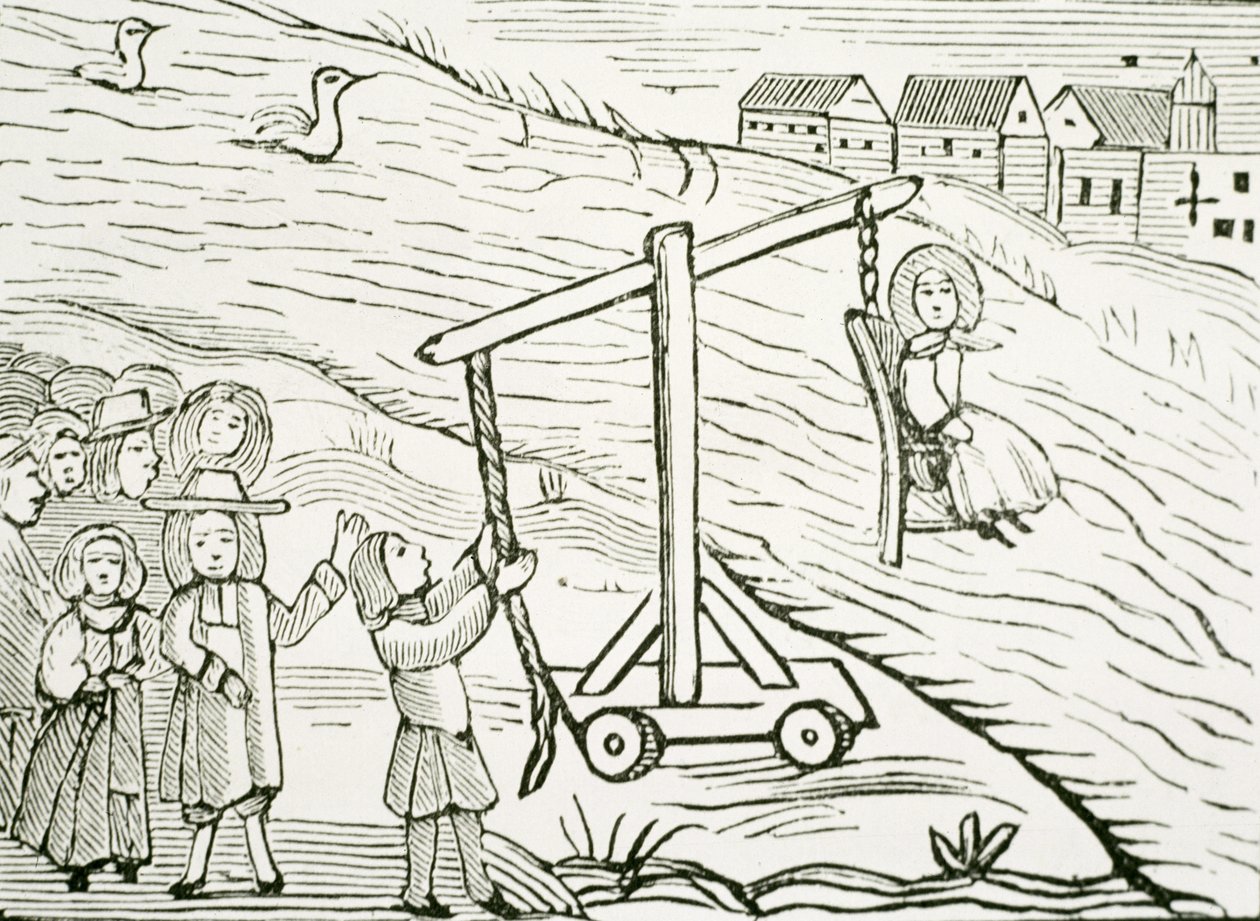 Woman on a Ducking Stool, Accused of Witchcraft, illustration from a collection of chapbooks on esoterica by School English