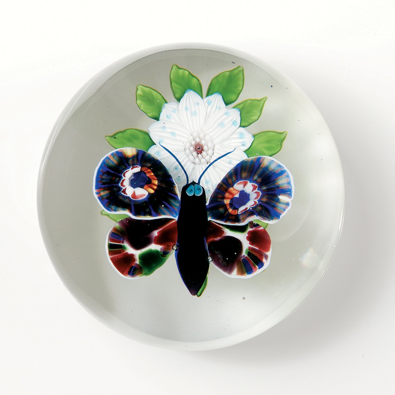 Baccarat butterfly and flower weight, the insect with deep purple body, pale blue-grey eyes and antennae by School French