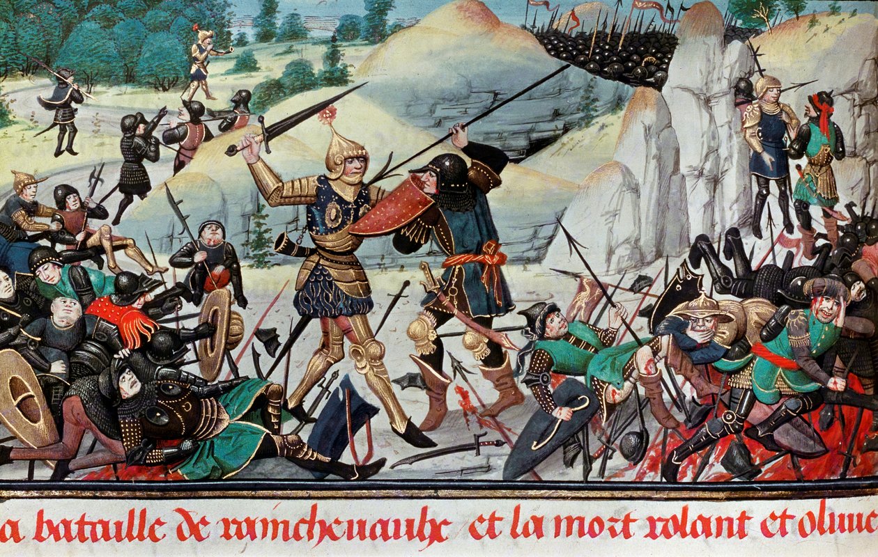 Death of the knight Roland, nephew of Charlemagne, at the Battle of Roncevaux (778). Miniature by School French