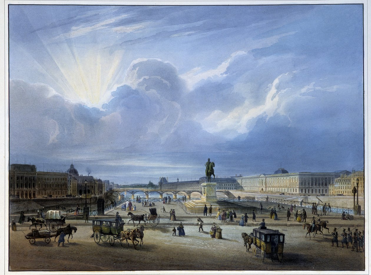 General view of the Louvre with the statue of Henry IV by School French