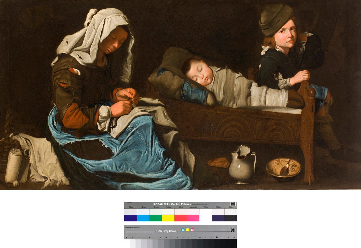 Mother Sewing and Her Two Children by School French