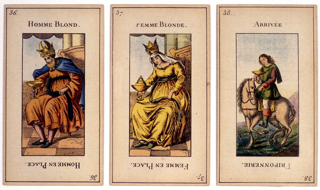 Old playing cards depicting the king blond man, the queen blonde woman and the arrival friponnerie. Musée de la Carte à Joulier, Issy-les-Moulineaux by School French