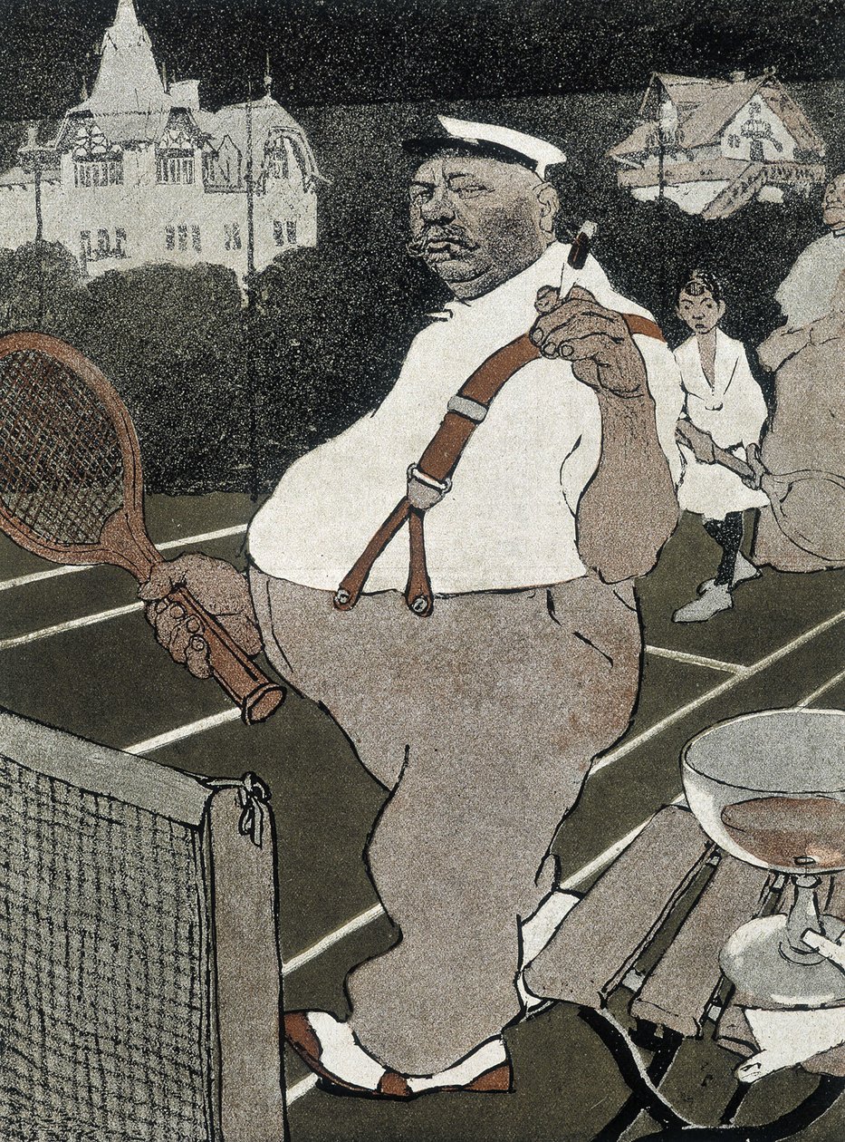 Tennis: fat man, smoking and drinking alcohol, playing tennis - German cartoon by School German