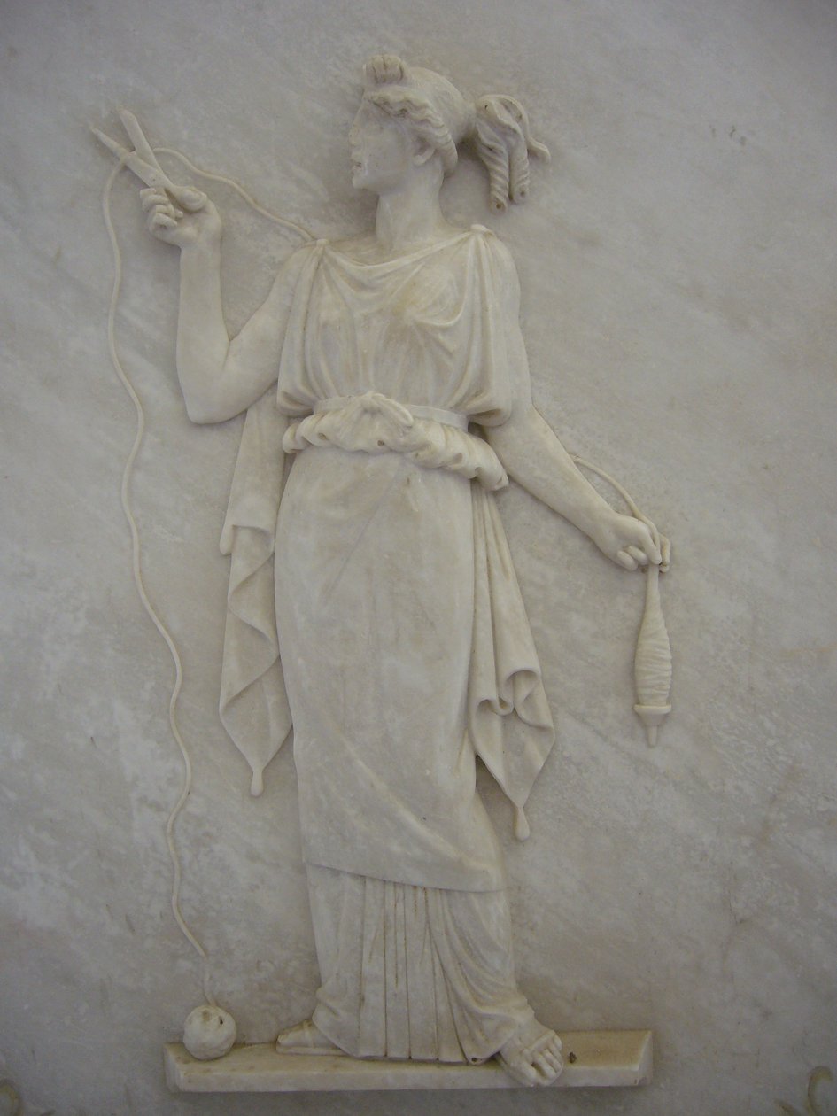 Bas relief of Atropos cutting the thread of Life by School Greek