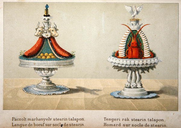 Design for the presentation of ox tongue on a bed of stearin and for lobster, illustration from a Hungarian cookery book on French cooking, c.1880 by School Hungarian