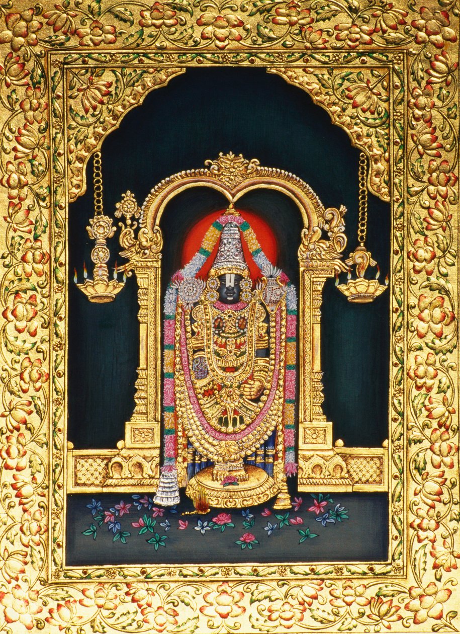 God Tirupati Balaji in Miniature Painting on Paper with Gold Embossing by School Indian
