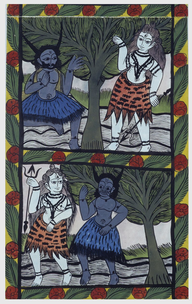 Kama, god of desire, sends a love arrow to Shiva in meditation, to unite with Parvati. Painted roll of the Bengal region, serving as a narrative medium for the singers Baoul (Baul). Leonard de Selva private collection. by School Indian