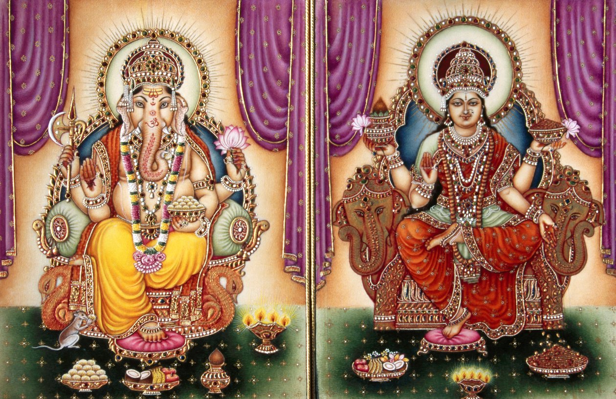Lord Ganesh Ganpati Goddess and Lakshmi Miniature Painting on Ivory by School Indian