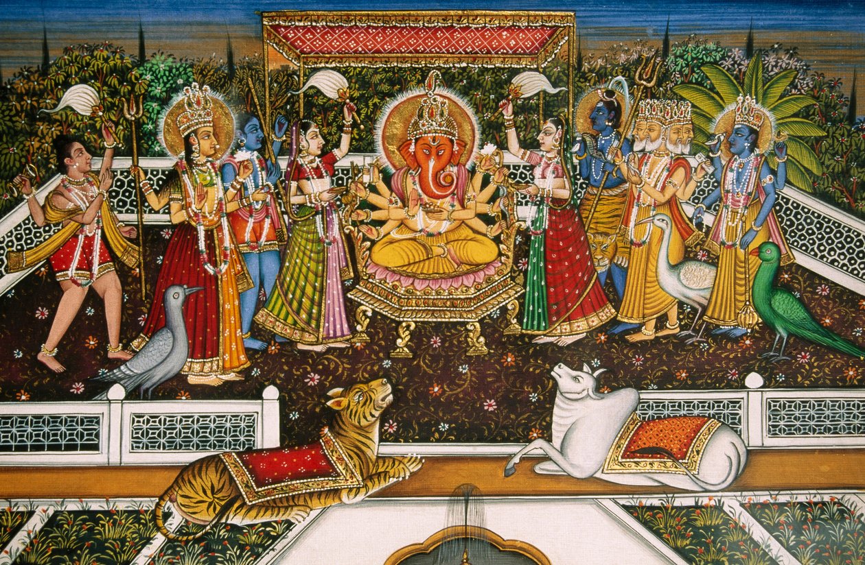 Lord Ganesh Ganpati with Brahma, Vishnu, Shiva, Durga by School Indian