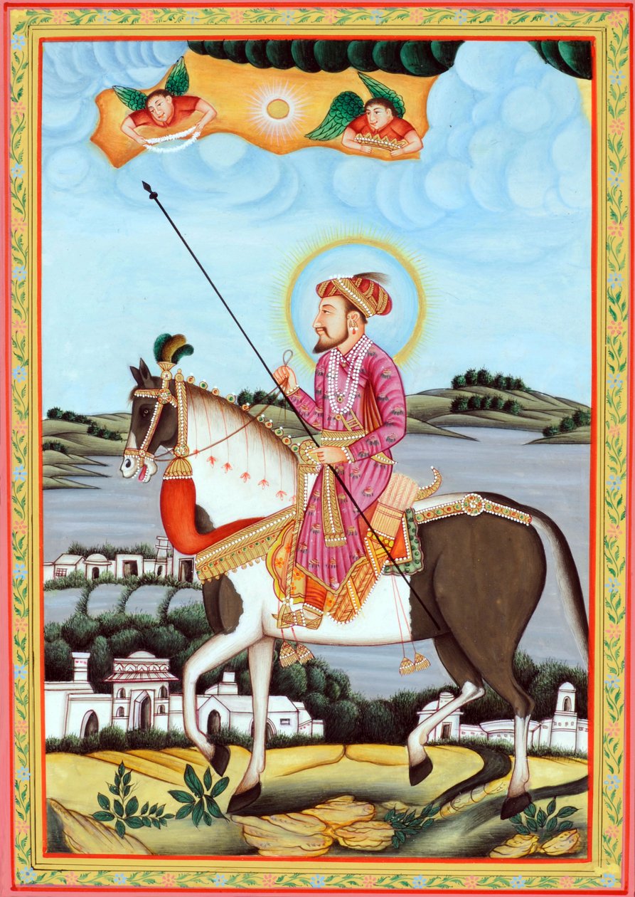 Miniature Painting of Mughal Emperor Shah Jahan Sitting on Horse by School Indian