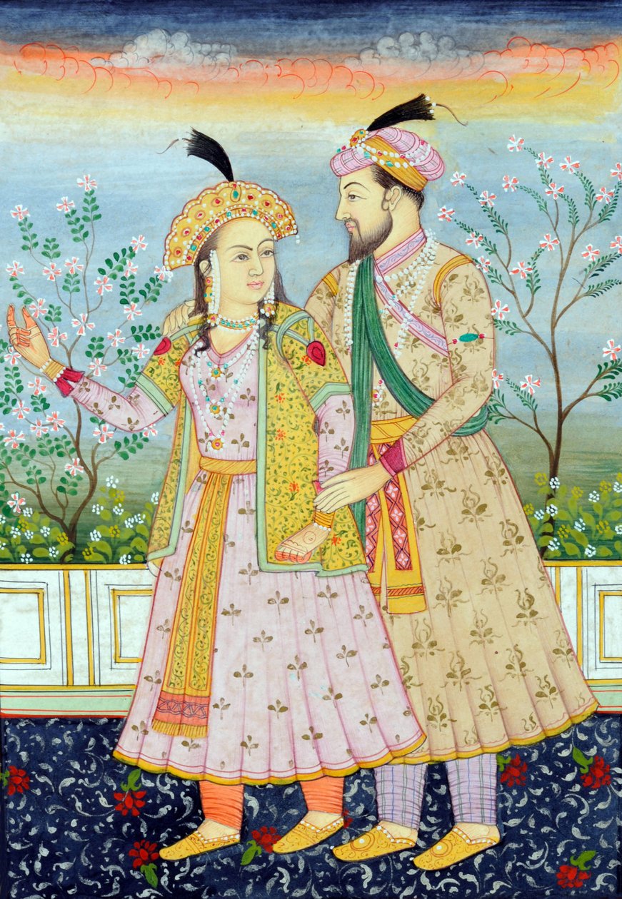 Miniature Painting of Mughal Emperor Shah Jahan with Wife Mumtaz Mahal by School Indian