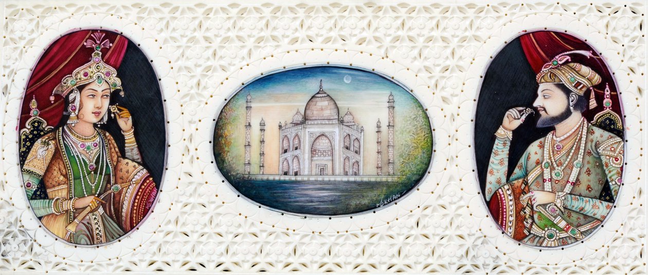 Miniature Painting of Mughal Emperor Shah Jahan with Wife Mumtaz Mahal by School Indian