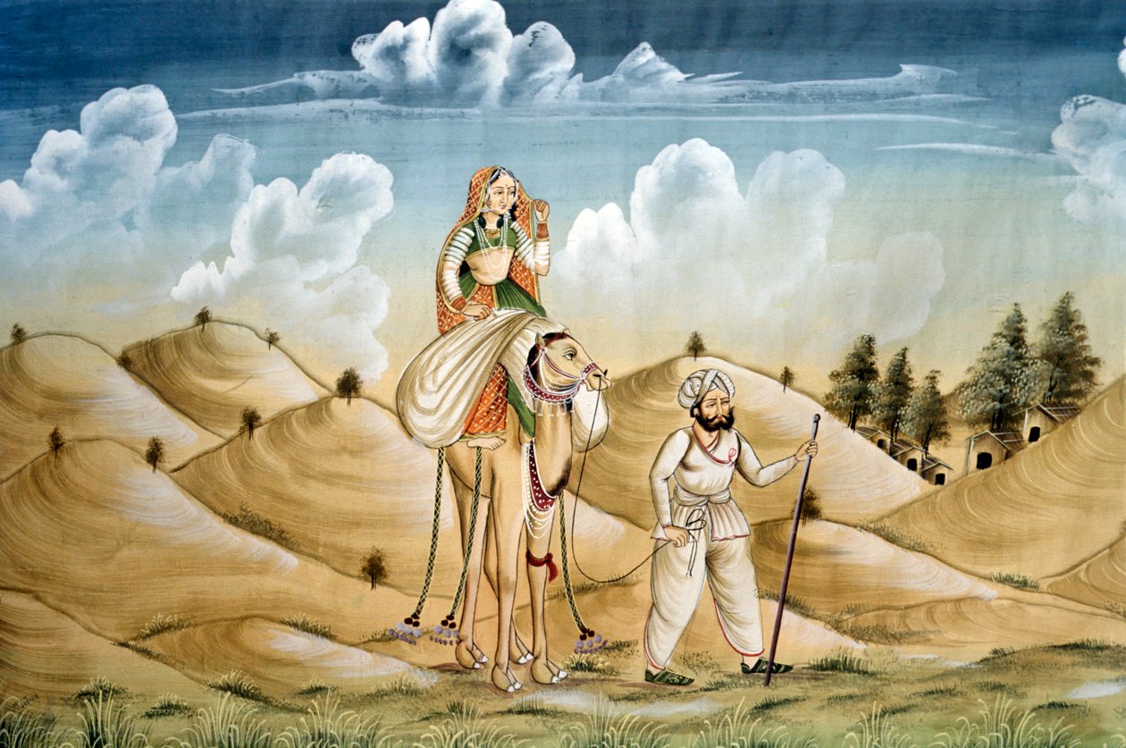 Miniature Painting on Silk, Lonely Travellers, Rajasthan by School Indian
