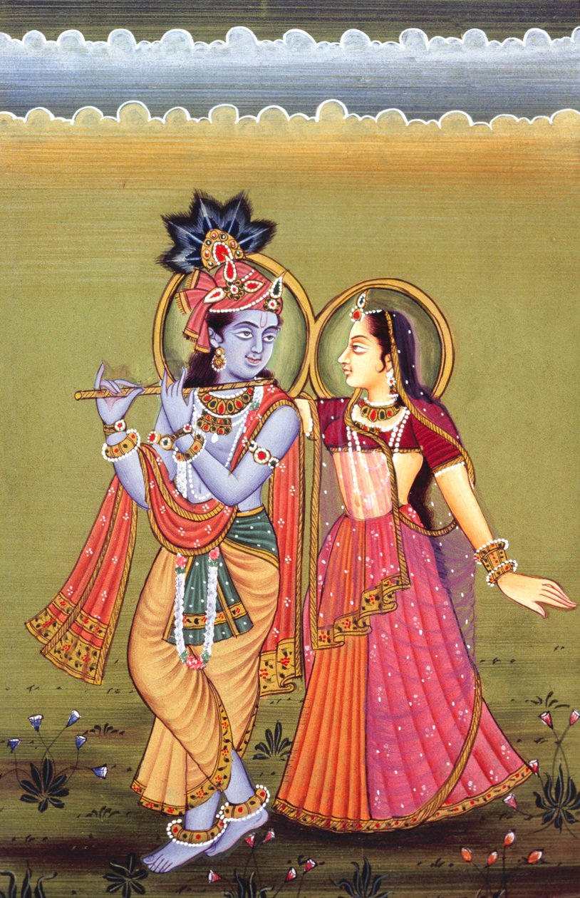 Painting of God Krishna & her Greatest Devotee Radha, India by School Indian