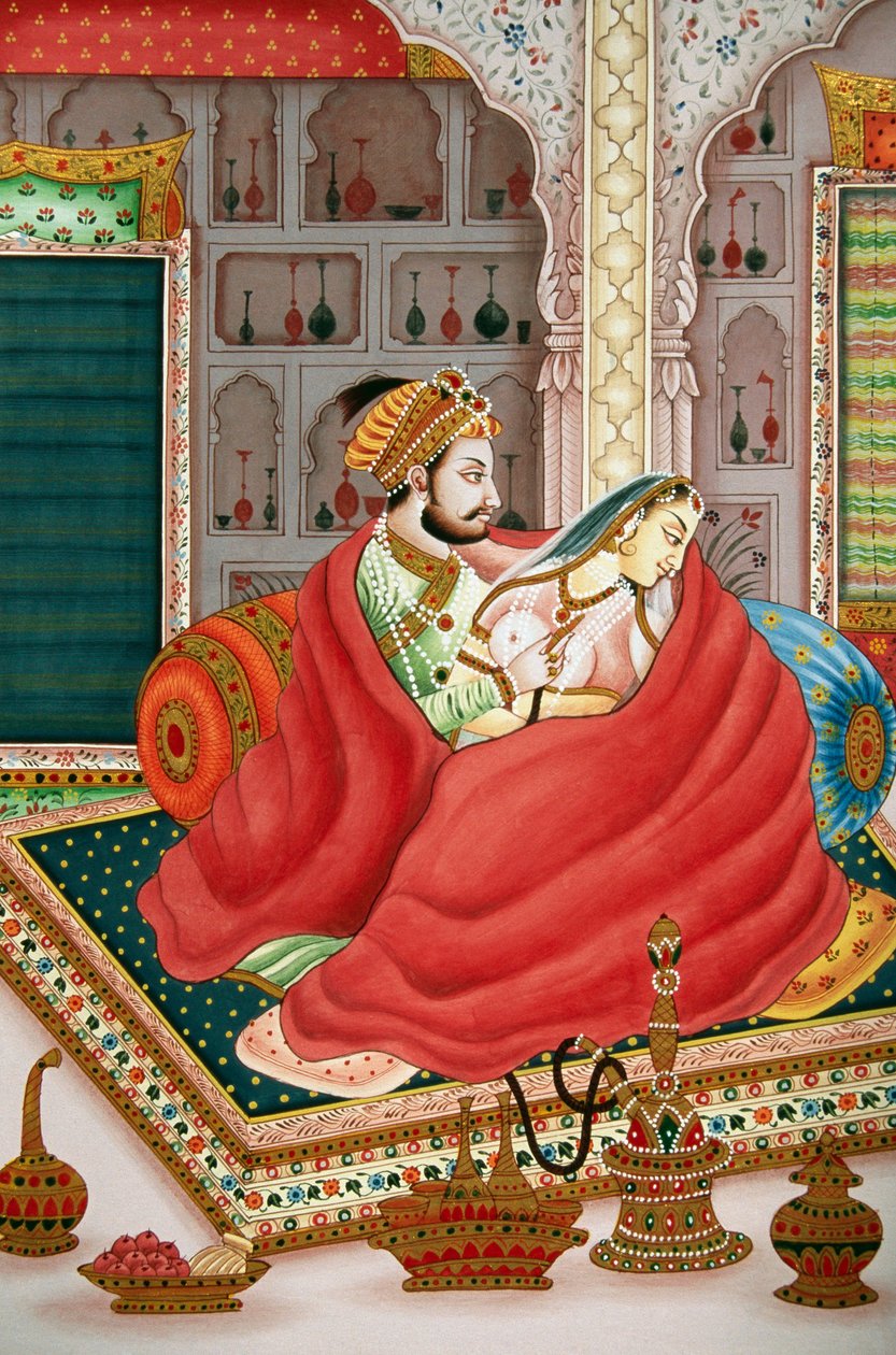 Painting of Mughal Emperor with His Wife in Love Scene, India by School Indian