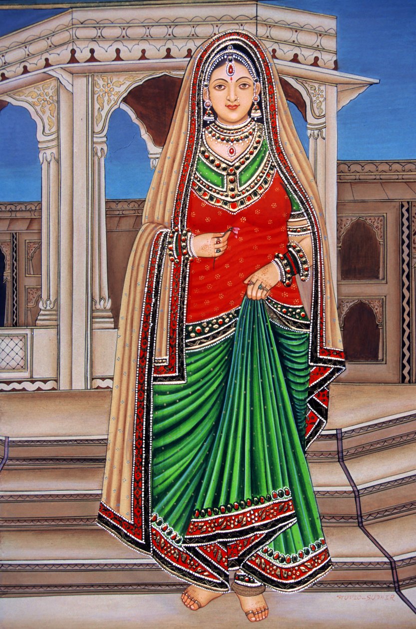 Rajasthani Lady at Tryst Miniature Painting on Paper by School Indian