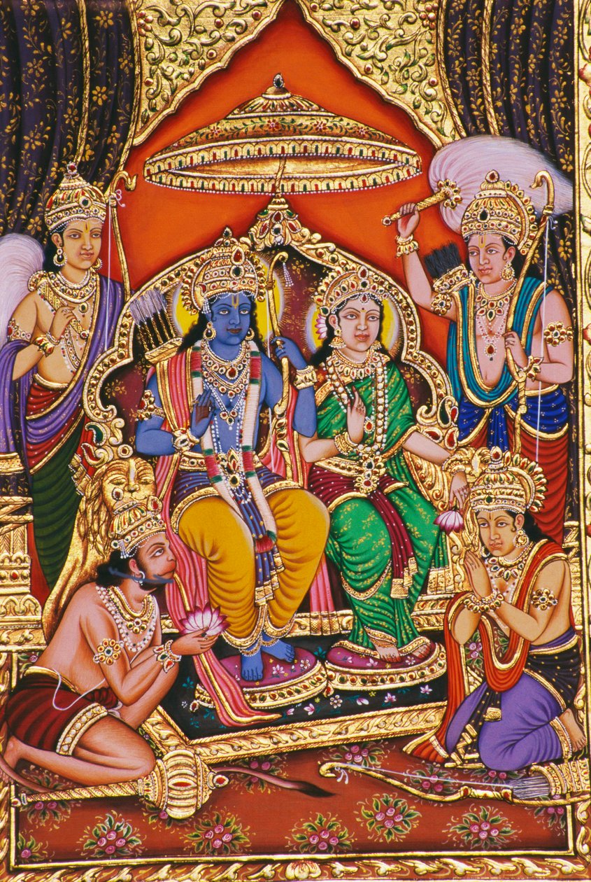 Ram Darbar Miniature Painting on Paper with Embossed by School Indian