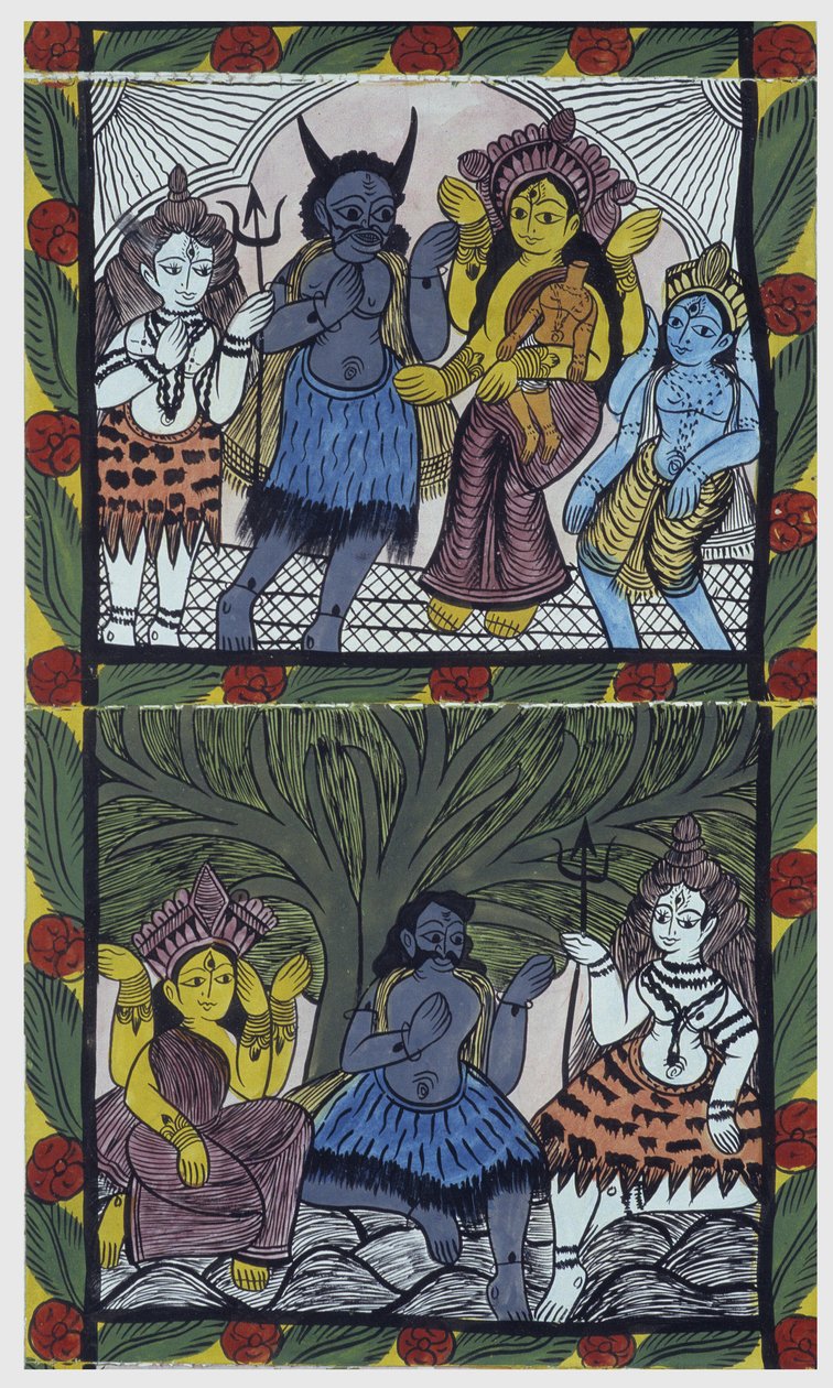 Shiva gives life to Ganesha, in the arms of her mother Parvati, after cutting her head into an arm of anger. Pat: painted roll from the Bengal region, serving as a narrative medium for musicians Baoul (or baul). Leonard de Selva special by School Indian