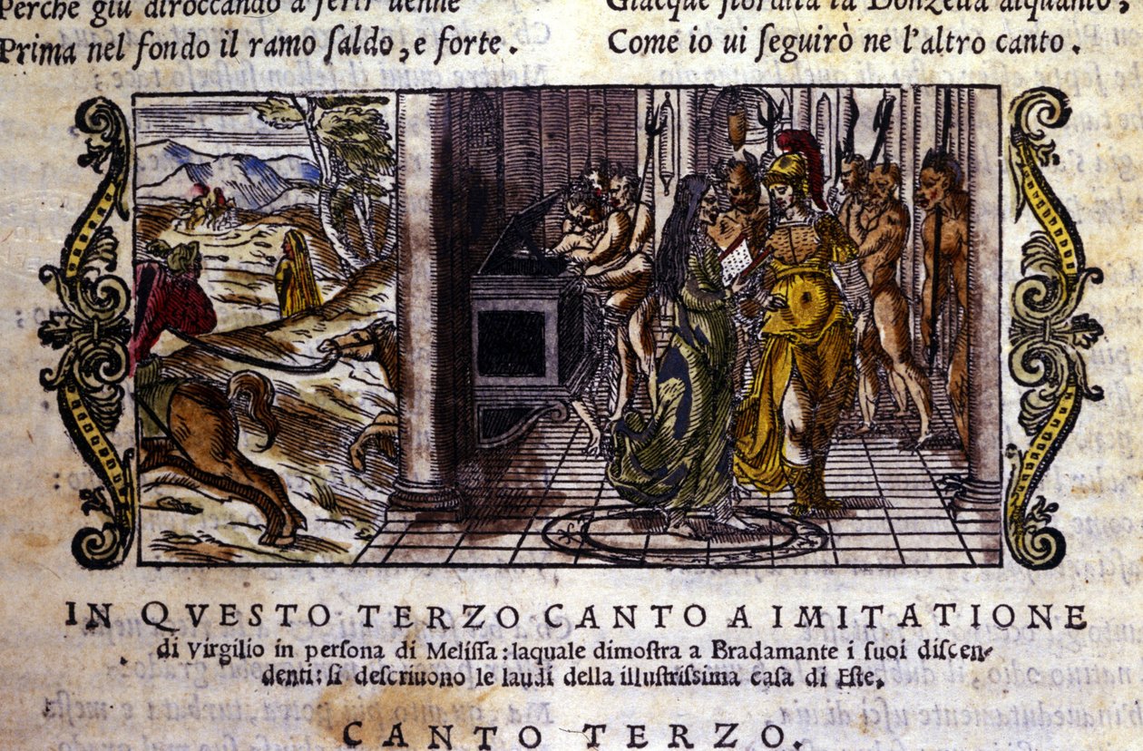 Bradamante meets the magician Melisse who tells her that she and Roger founded the Este dynasty. Scene taken from the knightly poem 