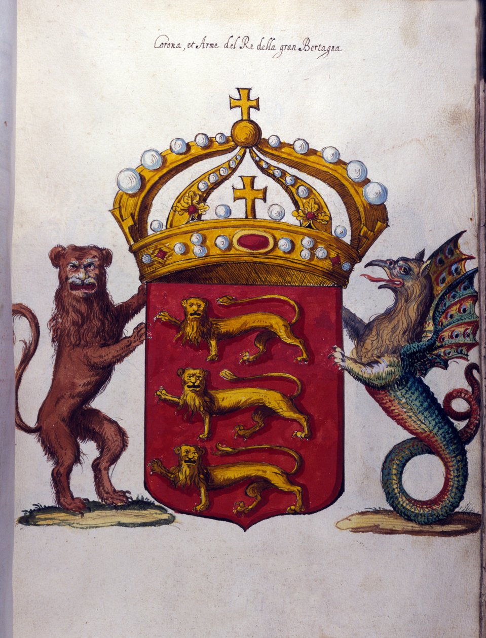 Coat of arms of the British royal family decorates a crown, a lion, and a fantastic creature. State Archive, Milan by School Italian