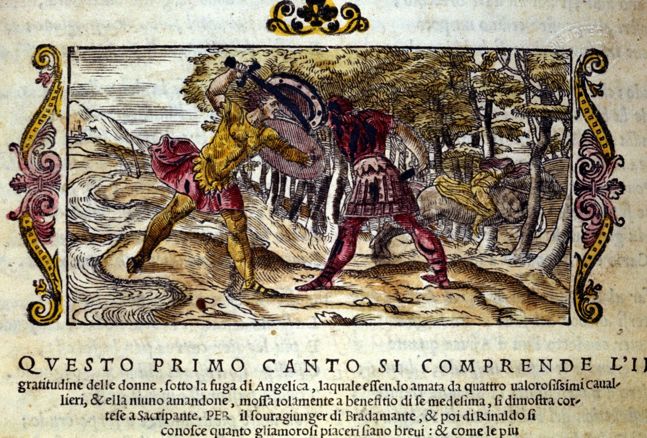 Representation of the fight between Ferragus and Renaud, both in love with the beautiful Angelica. Scene taken from the knight poem 