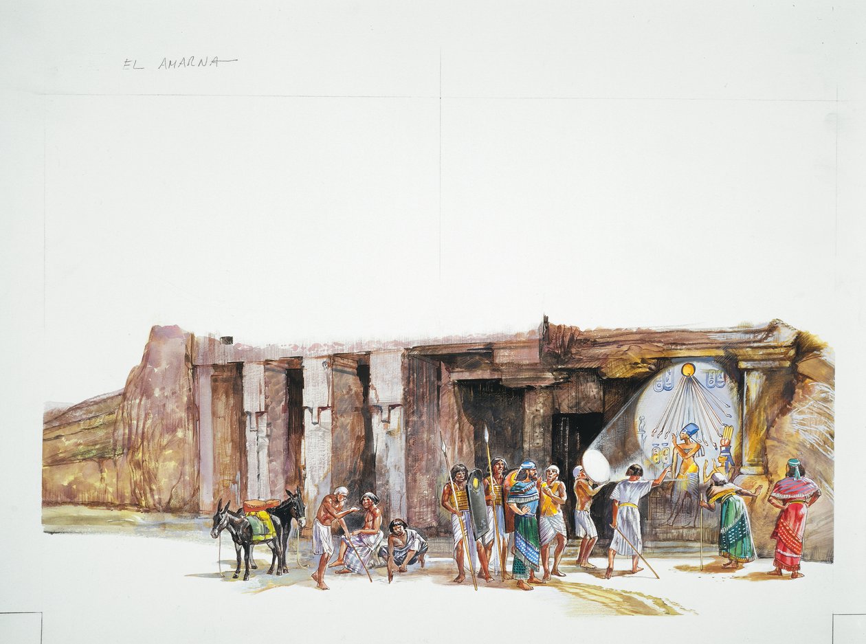 Tell el-Amarna - reconstruction of worship of the god Aton, depicted as the solar disc by School Italian