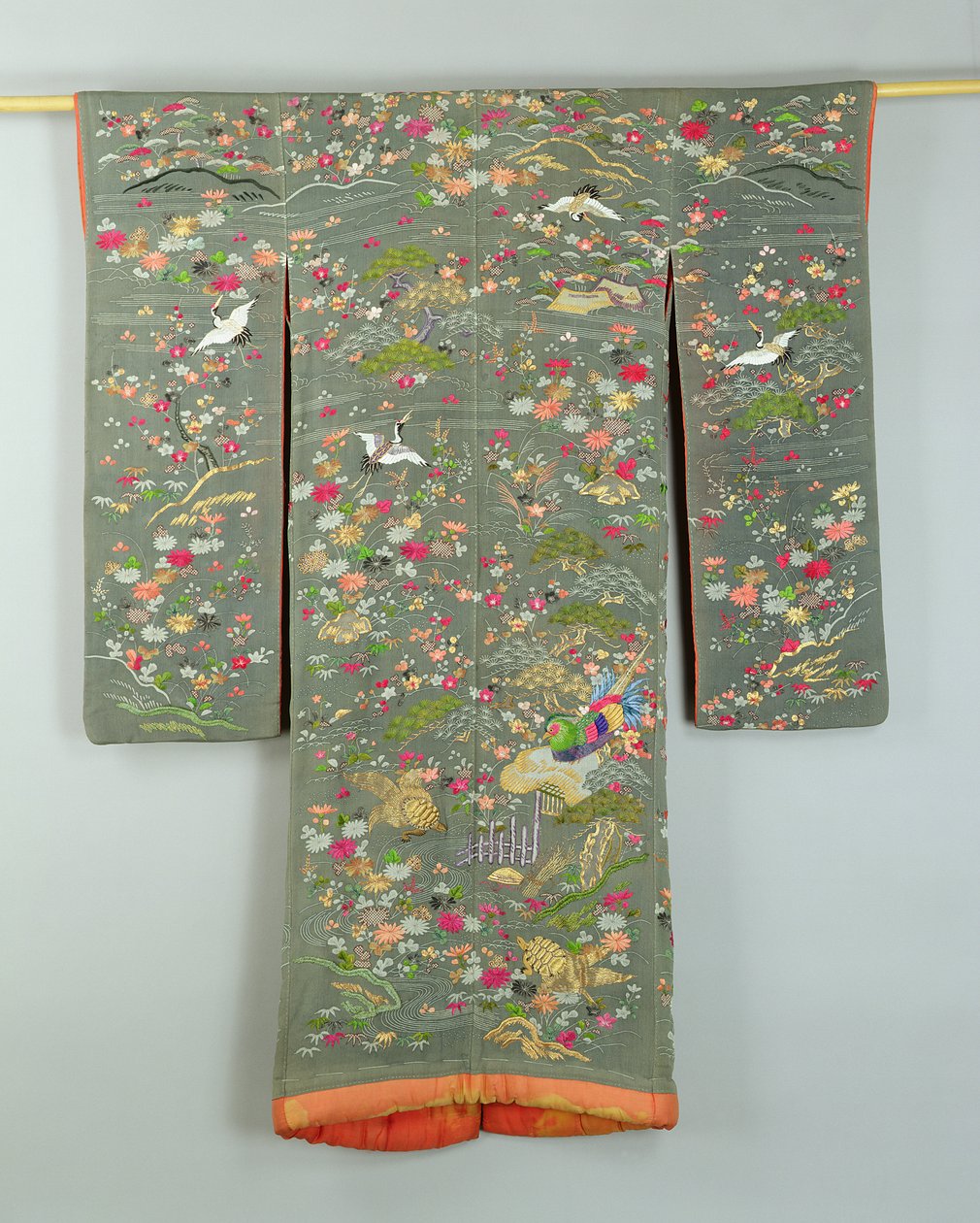 Grey robe decorated with flowers and birds, Japanese by Japanese School