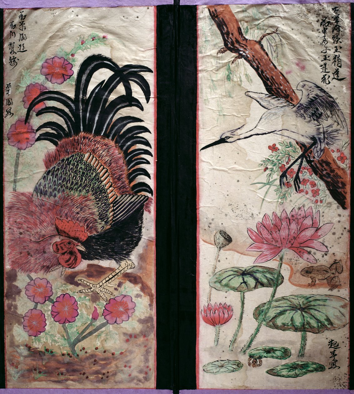 Two Panels of an Eight Fold Screen Depicting Birds and Flowers by School Korean