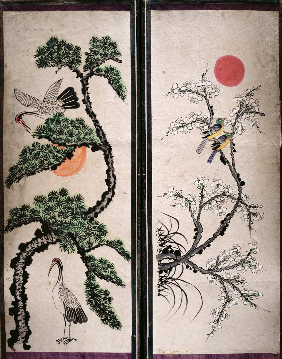 Two Panels of an Eight Fold Screen Depicting Birds and Flowers by School Korean