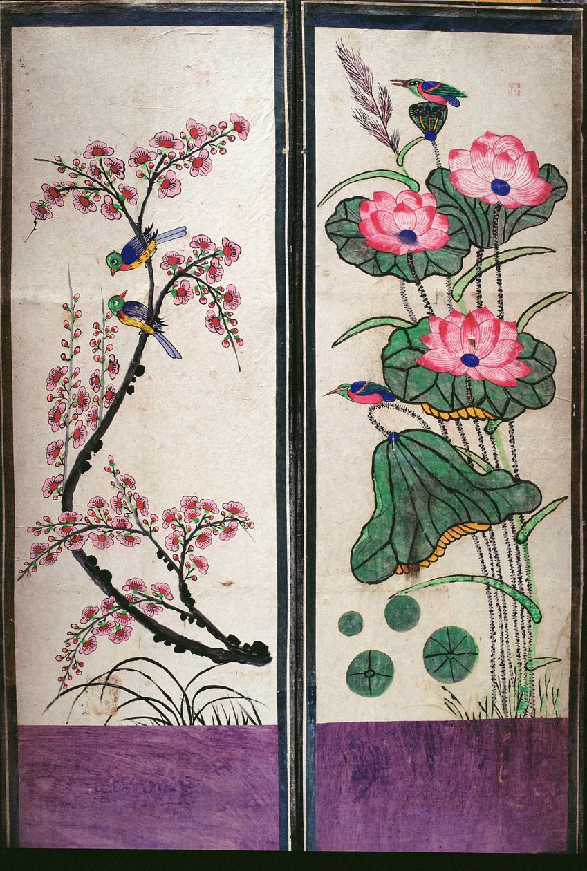 Two Panels of an Eight Fold Screen Depicting Birds and Flowers by School Korean