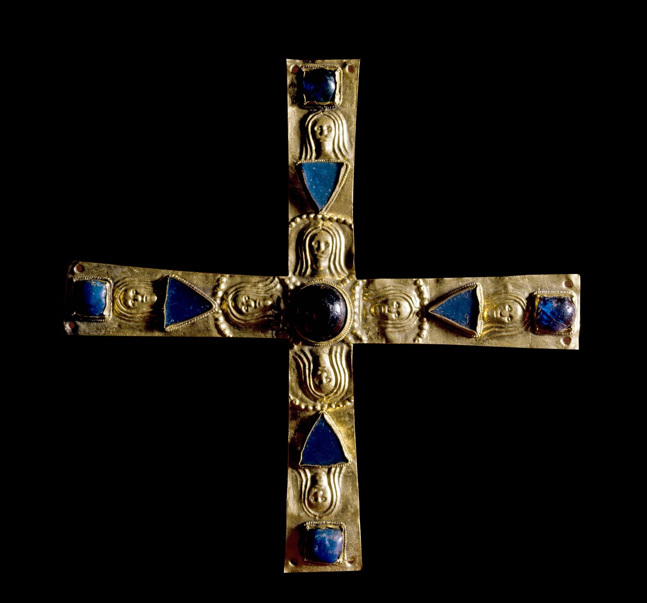 Archaeology of the Middle Ages. Barbarian art of Lombardy: Cross of Gisulfo, in bumped gold leaf with semi-precious stones. Made by a Lombard master of the 7th century. Italy, Cividale del Friuli, Musee archeol by School Lombard
