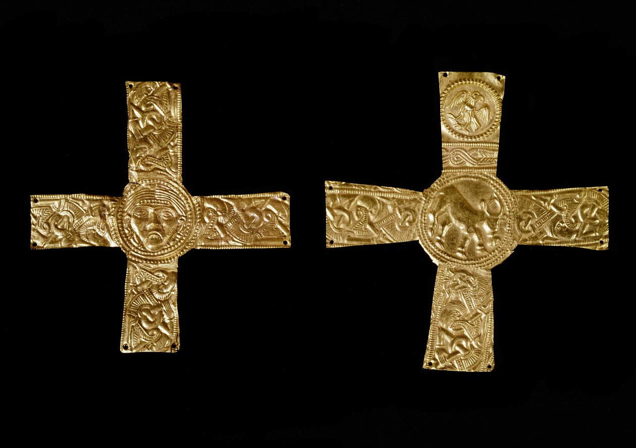 Archaeology of the Middle Ages: Barbarian Art of Lombardy: Pectoral Crosses in Gold Leaves. 7th Century. Italy, Cividale del Friuli, Archaeological Museum by School Lombard