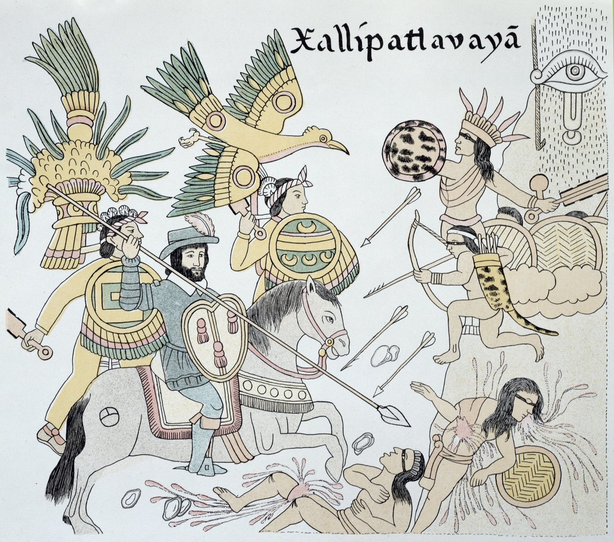 Fighting Between the Spanish and Aztecs at the Battle of Xallipatlavaya, Illustration from a Facsimile of a Mexican Indian Picture History 