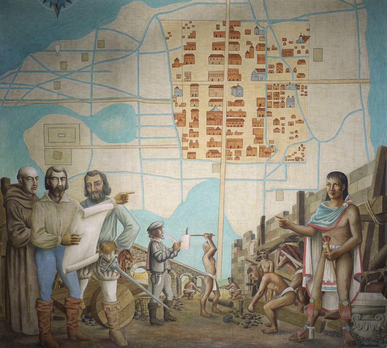 Three Men Standing in a Construction, Mexico City by School Mexican